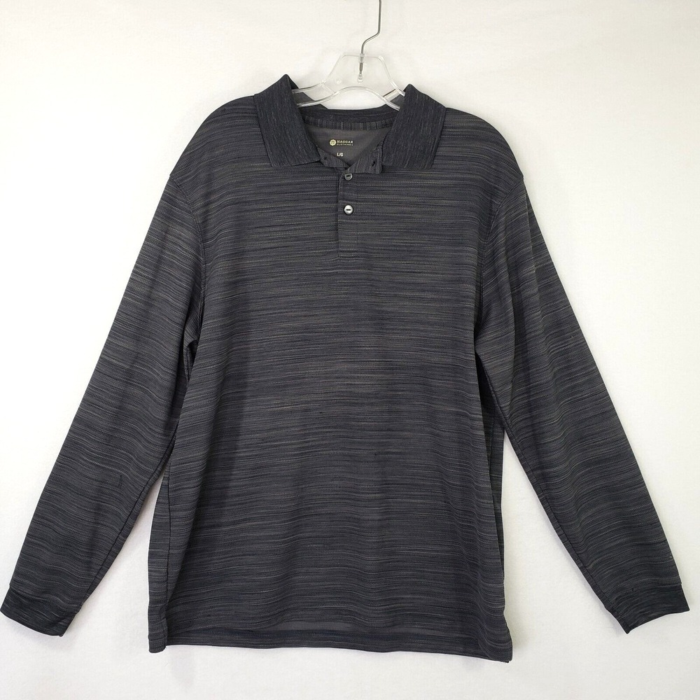 Haggar‎ Polo Shirt Mens Large Gray Heather Striped Waffle Long Sleeve Casual Top
